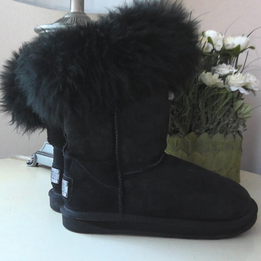 Australia Luxe Collective Foxy Shearling Black Suede Bootie Fox Fur Trim EUC 8